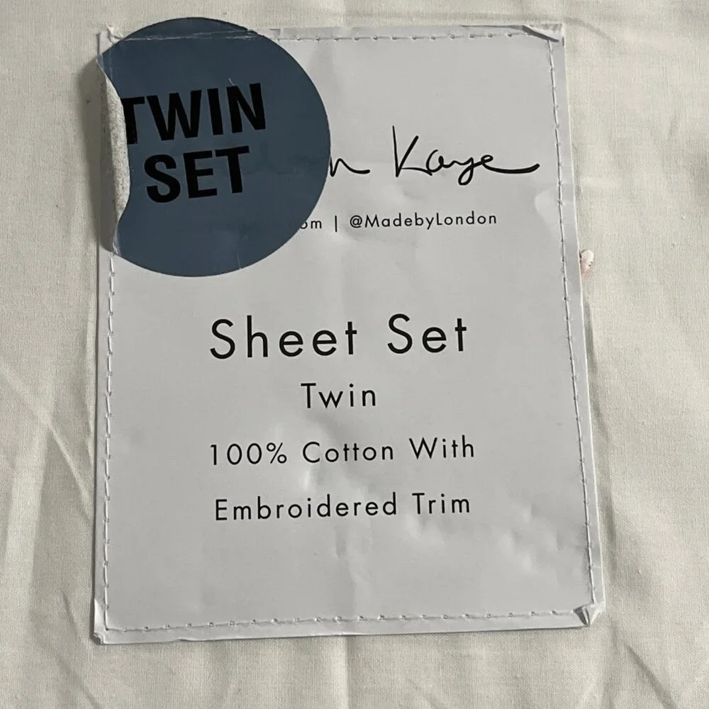 London Kaye Twin Sheet Set Green Mushroom Embroidered White Cotton 70s Retro‎